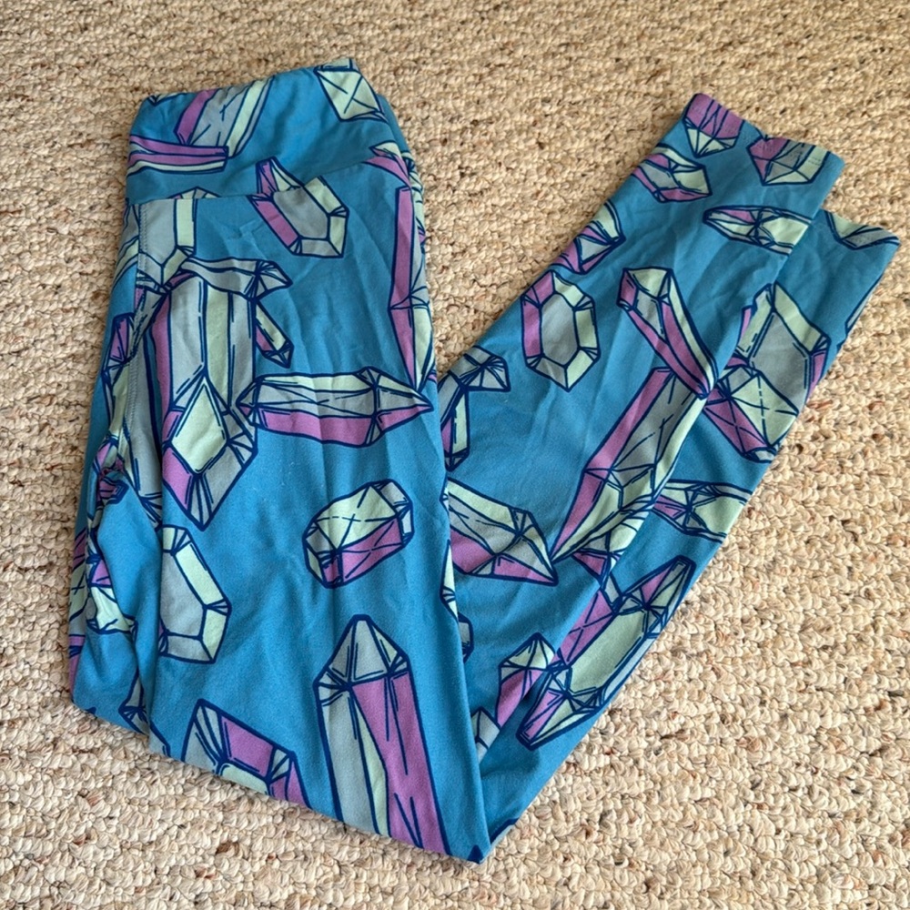 Lularoe one size crystal gem stone leggings on blue background unicorn rare